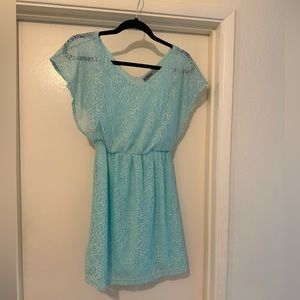 Aqua short sleeve elastic waist floral lace dress